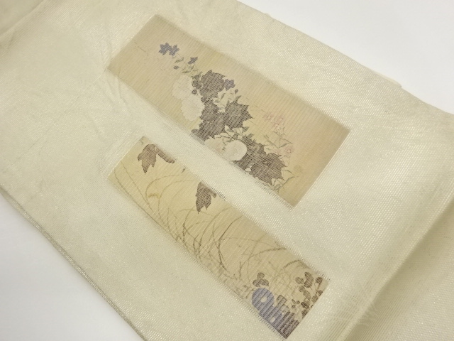 Gauze Nagoya obi with woven paper cloth tanzaku, flowers and leaves pattern